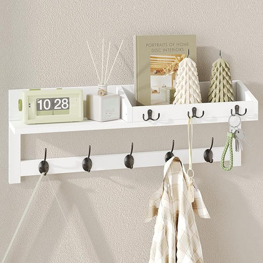 AMBIRD 26.57-Inch Wall Hanging Shelf With Coat Hooks - Entryway Wood Rack With 5 Dual Hooks, 3 Key Hooks, Mail Organizer and Key Holder (White)