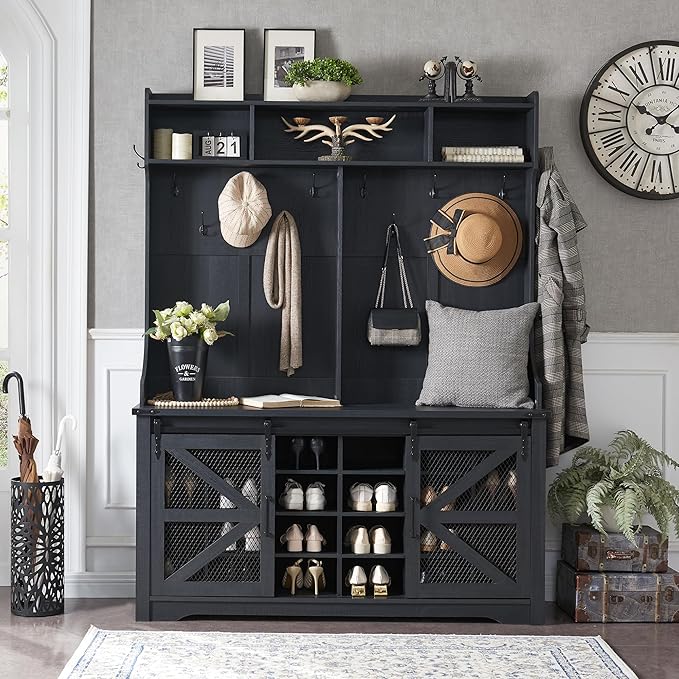 JXQTLINGMU 59" Farmhouse Hall Tree with Shoe Storage, Entryway Bench with 20 Cubbies, 12 Hooks & Sliding Barn Doors, Mudroom Coat Rack Cabinet, Black