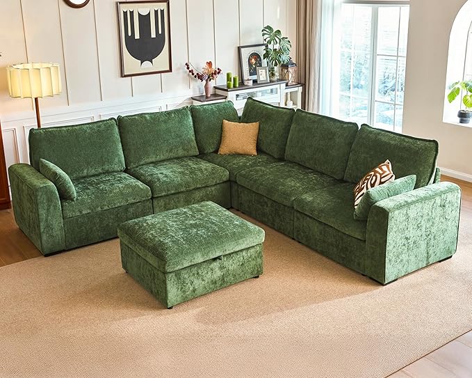 Oversized Modular Sofa Comfy Cloud Couch with Storage, Extra Deep Plush Sectional Sofa Set for Living Room, Covers Washable, Chenille, Olar (Green, 6-seatser with Corner & Ottoman, v-Shaped)