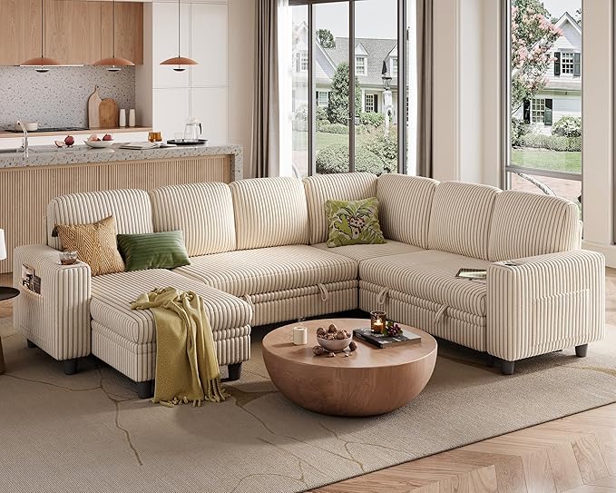 LINSY HOME Sectional Sleeper Sofa with Pull Out Couch Bed - Convertible Plush Corduroy Cloud Couch with Storage Chaise & USB Charging, Comfy Modular Couches for Living Room, Beige