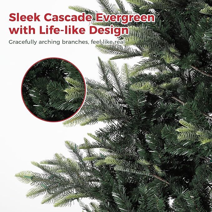 GarveeHome 9 FT Artificial Pre-lit Christmas Tree, Green PVC&PE Full Christmas Tree with 700 Warm White Lights for Home, Office, and Xmas Party Décor, Includes Stand