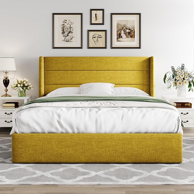 Allewie Full Size Lift Up Storage Bed, Modern Wingback Headboard, Hydraulic Support, No Box Spring Needed, Olive Yellow