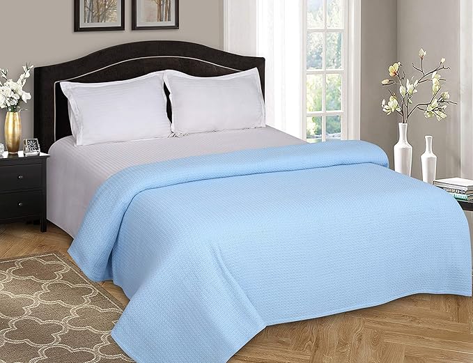 Elvana Home 100% Cotton Bed Blanket, Breathable Bed Blanket Full - Queen Size, Cotton Thermal Blankets Full - Queen, Perfect for Layering Any Bed for All Season, Light Blue