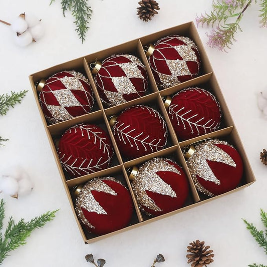 4inch Velvet Ornaments for Christmas Tree, 9PCS Glitter Flocked Christmas Ornaments Decorations Balls Set Decor Red