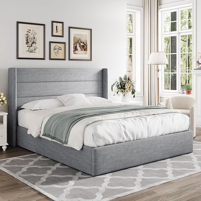 Allewie Queen Size Lift Up Storage Bed, Modern Wingback Headboard, Hydraulic Support, No Box Spring Needed, Light Grey