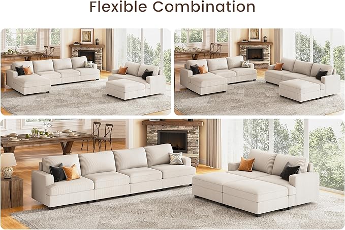 Nolany Modular Sectional Couch with Storage Ottoman, Corduroy Sleeper Sofa with Chaise, Sectional Couches for Living Room, Beige