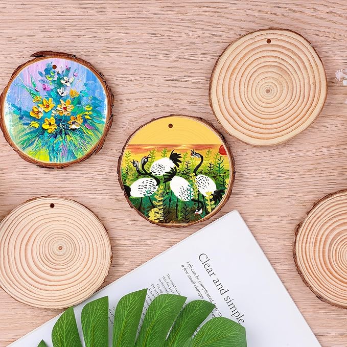 36 Pack Nature Wood Slices for Crafts,3.1-3.5In Unfinished Natural Wood Rounds.Wood Circles Predrilled with Hole and 20m Rope for Wooden Craft Supplies,Painting,Wooden Ornaments,DIY Gifts