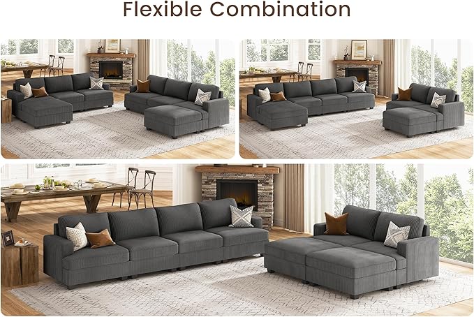 Nolany Sectional Couch with Storage Ottoman, Corduroy Sleeper Sectional Sofa with Chaise, Modular Sectional Couches for Living Room, Dark Grey