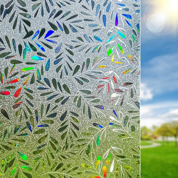 DUOFIRE Window Privacy Film Rainbow Window Film Decorative Leaves Pattern Window Cling Frosted Reusable Anti-UV Non-Adhesive Static Cling Privacy Film for Home Office 11.8 × 47.2 inches