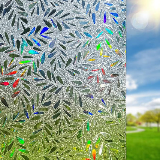 DUOFIRE Window Privacy Film Rainbow Window Film Decorative Leaves Pattern Window Cling Frosted Reusable Anti-UV Non-Adhesive Static Cling Privacy Film for Home Office 23.6 × 78.7 inches