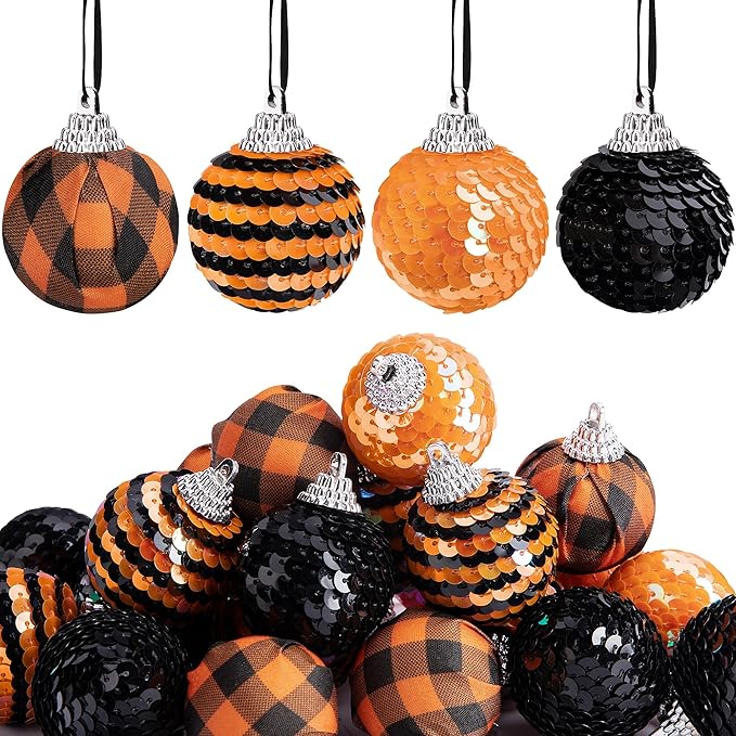 24 PCS Halloween Sequin Hanging Ball Ornaments-1.6 Inch Halloweens Black Orange Sequin Balls-Hanging Glitter Ball Ornaments for Halloween Tree Party Decor