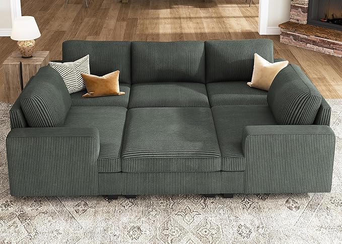 Nolany Modular Sectional Couch with Storage Ottoman, Corduroy Sleeper Sectional Sofa with Chaise, Sectional Couches for Living Room, Green