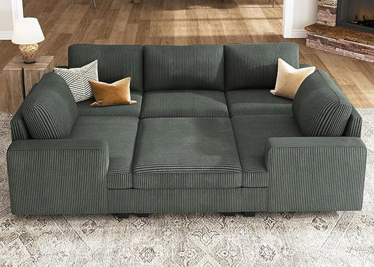 Nolany Modular Sectional Couch with Storage Ottoman, Corduroy Sleeper Sectional Sofa with Chaise, Sectional Couches for Living Room, Green