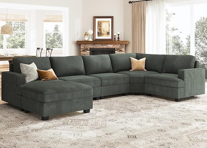Nolany Sectional Sofa with Storage Ottoman, U Shape Couch with Chaise, Corduroy Modular Sectional Couch for Living Room, Green