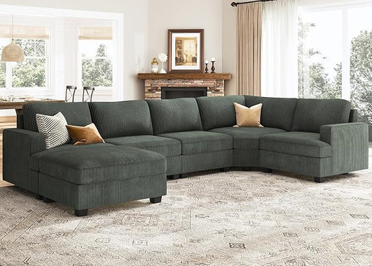 Nolany Sectional Sofa with Storage Ottoman, U Shape Couch with Chaise, Corduroy Modular Sectional Couch for Living Room, Green