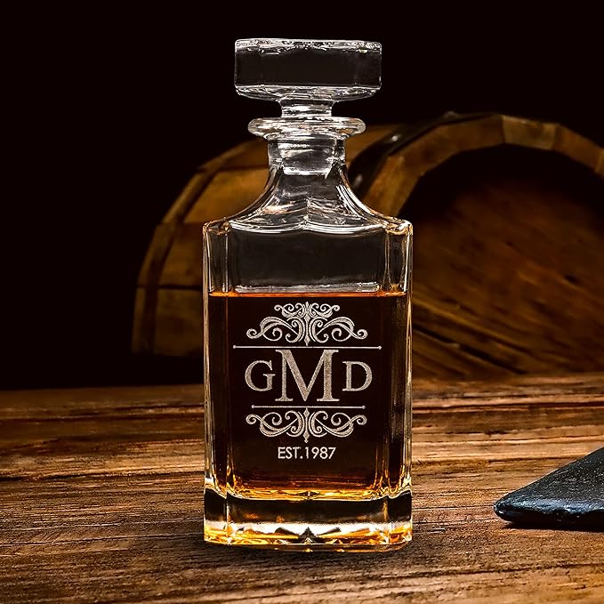 Gifts Inscribed Personalized Whiskey Decanter Set - Engraved Whiskey Decanter Bottle & Set of 2 Custom Drinking Glasses Laser Etched - Customized Whisky Gift for Wedding, Birthday, Fathers Day