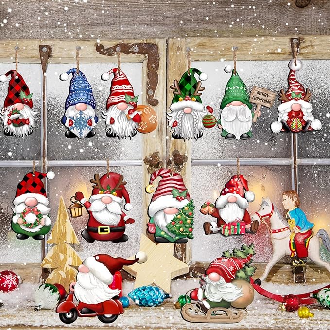 24 Pieces Christmas Gnome Wooden Hanging Ornaments, Wood Hanging Decor for Christmas Tree Decoration Gnome Santa Doll Wooden Hanging Craft Gnome Elf Party Supplies