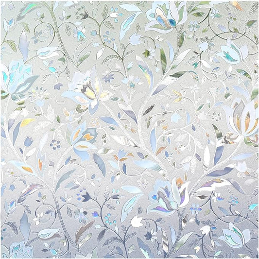 DOWELL Window Privacy Film, 3D Stained Glass Rainbow Films, Decorative Window Vinyl Sun Blocker Door Covering, Static Cling Non-Adhesive Glass Sticker for Home, Blooming Flowers, 35.4"x157.4"