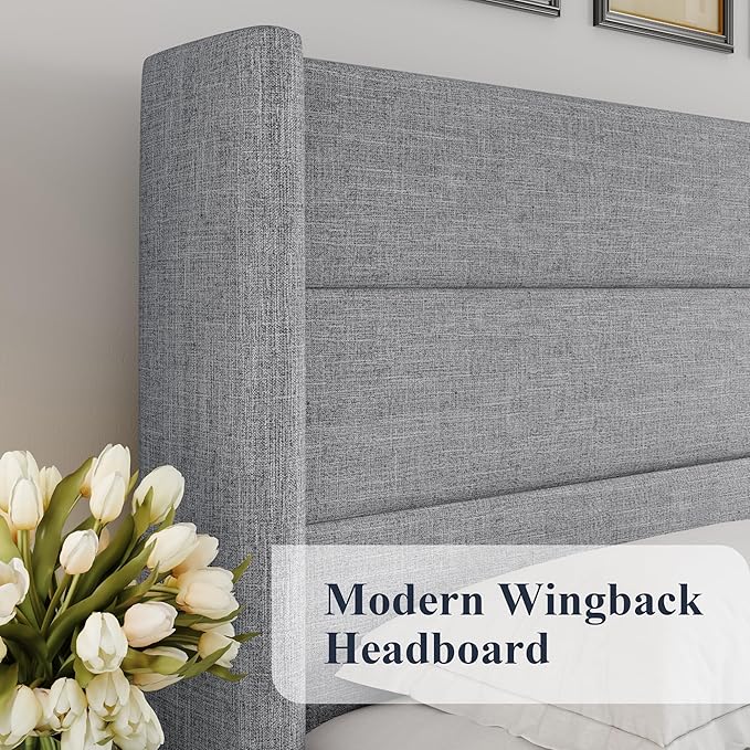 Allewie Full Size Lift Up Storage Bed, Modern Wingback Headboard, Hydraulic Support, No Box Spring Needed, Light Grey