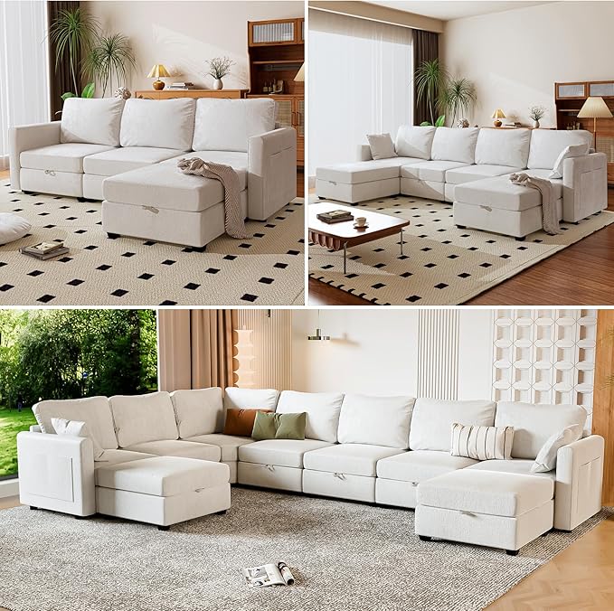 mestyl Modular Sectional Sofa Convertible Sofa Couch Set with Storage for Living Room, Modern 3 Seater Modular Sectional Couch (Beige)
