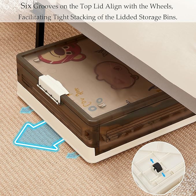 VECELO Under Bed Storage with Wheels, 2 Pack Stackable Under Bed Storage Containers, Underbed Storage Containers with Lids, Plastic Foldable Folding Box for Clothes Shoes, Grey