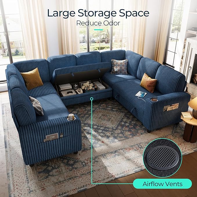 LINSY HOME Sectional Sleeper Sofa with Pull Out Couch Bed - Convertible Plush Corduroy Cloud Couch with Storage Chaise & USB Charging, Comfy Modular Couches for Living Room, Blue