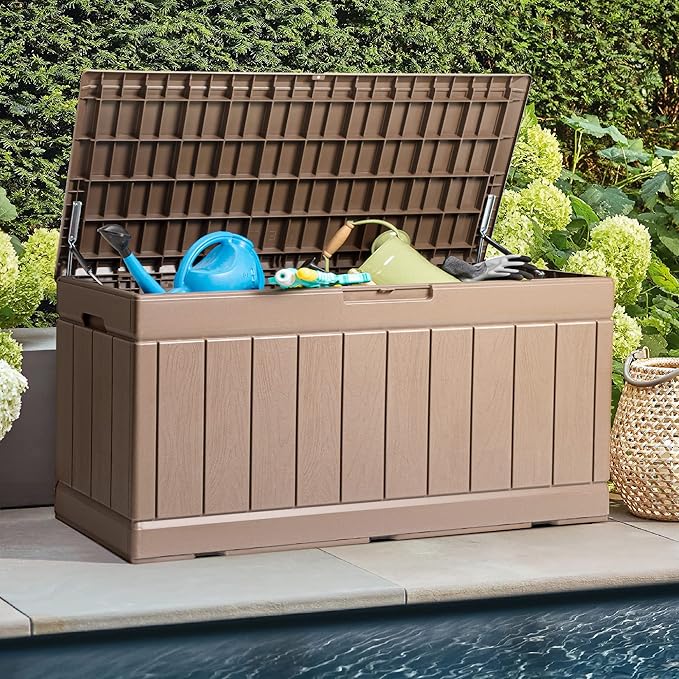 JUMMICO 83 Gallon Outdoor Deck Box Large Resin Storage Box for Patio Furniture Cushions and Garden Tools (Khaki)