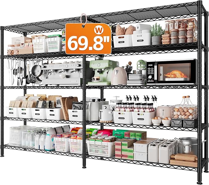 REIBII 1600LBS Storage Shelves Metal Shelving 5 Tier Wire Shelving Unit, 69.8" W Pantry Shelves Kitchen Shelves Adjustable Wire Shelf for Garage Storage Shelves, 69.8" Wx15.8 Dx72.4 H, Black