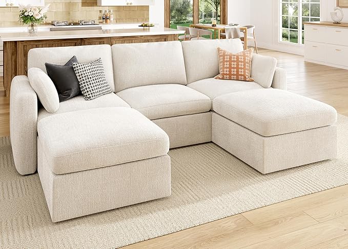 HONBAY Sectional Couch with Storage Seats, Modular Sectional Sofa with Storage Ottoman, U Shaped Sectional Couches for Living Room,Beige
