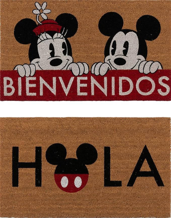Gertmenian Disney Mickey Mouse Doormat Rug Retro Front Door Coir Mat Welcome Home Indoor Outdoor Entryway Carpet, 2-Pack 20x34, Minnie Bienvenidos/Hola