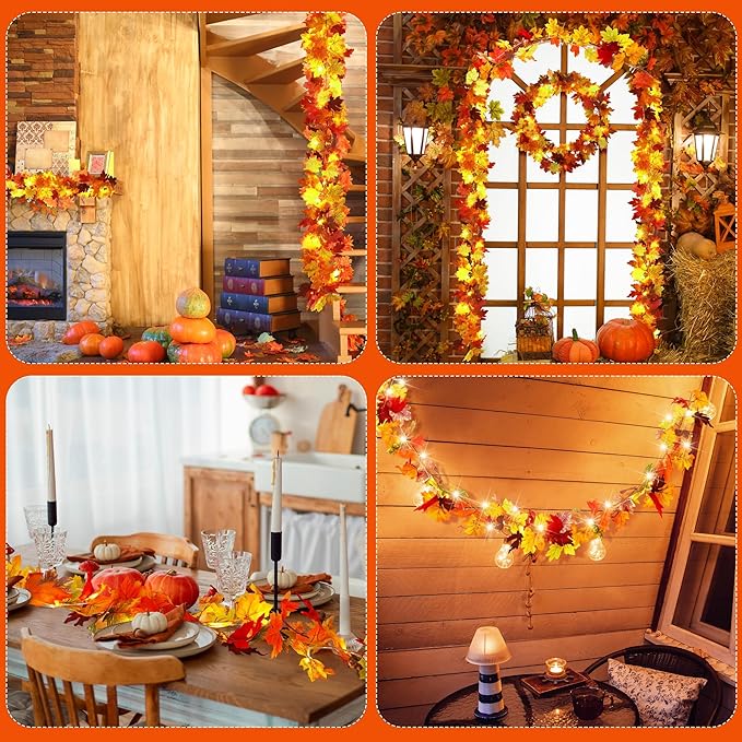 Aneco 2 Pack 5.74 Feet Each Maple Leaves Garlands with 8 Lighting Modes LED String Lights Artificial Maple Leaf Fall Decorations for Home Indoor Outdoor Thanksgiving Halloween Decor, Total 11.5 Feet