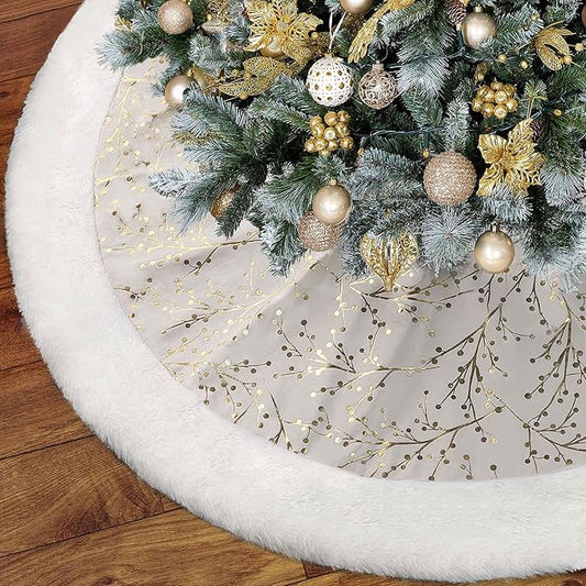 Christmas Tree Skirt, Gold White 48 Inch Faux Fur Plush Christmas Decorations Tree Base Mat Thick Velvet Rugs for Holiday Home Decor Party Xmas