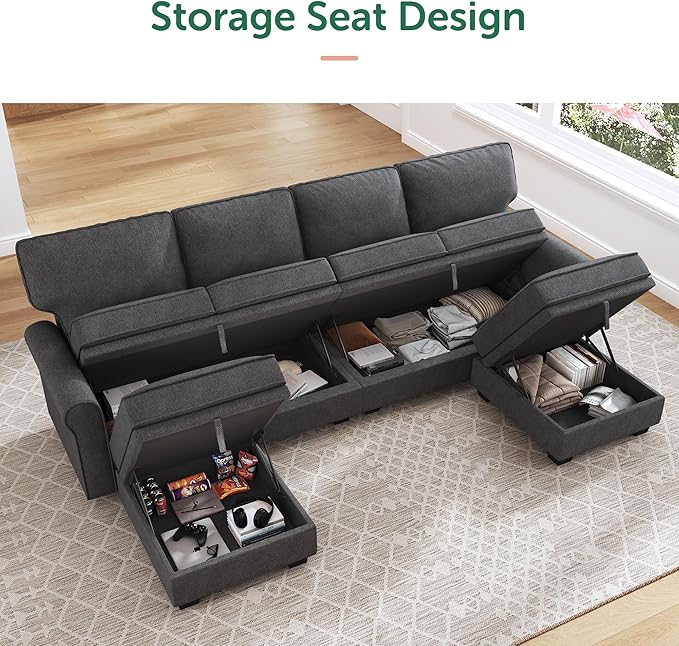 HONBAY Sectional Sofa with Storage Seat U Shaped Couch with Reversible Chaise Convertible Sectional Couches for Living Room,Dark Grey