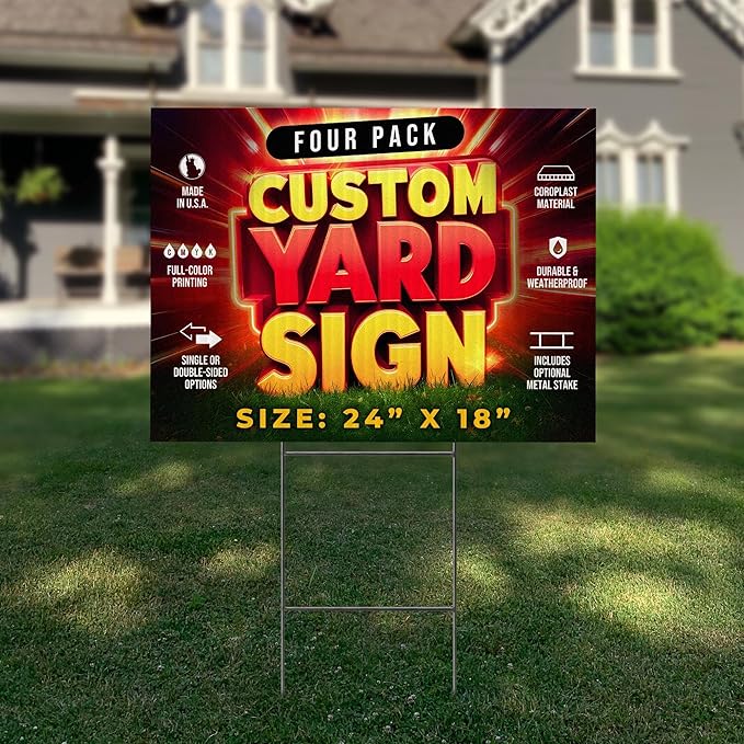4 Pack 24"x18" Custom Yard Signs with Stakes, Personalized Yard Signs for Outdoors, Customized Full Color Print Corrugated Signs for Business