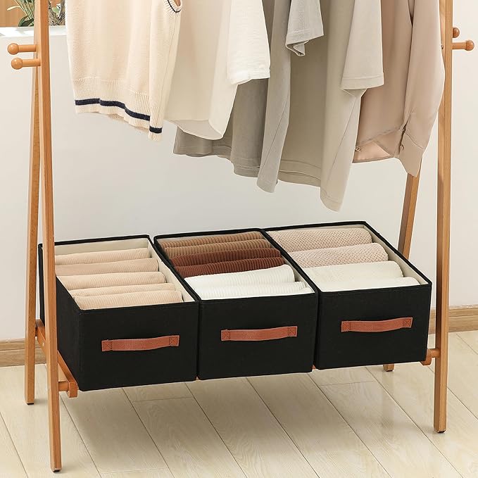 linen closet organizers and storage, 3 Pack Large Storage Baskets, Washable, Clothing Storage Bins with Handle, Closet Organizer for Storage Sweater,Sheets (Black, 18½"x11"x8½")