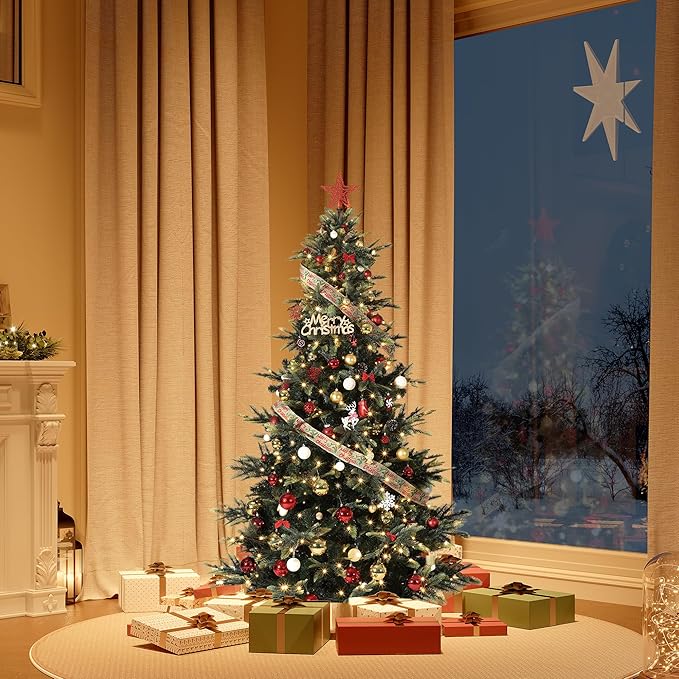 4.5ft Pre-lit Artificial Christmas Tree,Spruce Prelit Christmas Trees for Home,Office,Party Thickened PE&PVC Branch Tips & UL Listed Lights Incandescent Warm White,Fire-Resistant Automatic Branches