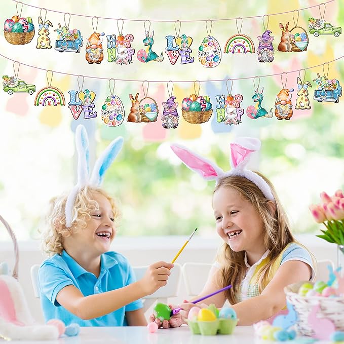 24 Wooden Hanging Ornaments, Hanging Decor for Tree, Happy Easter Egg Gnome Bunny Wooden Craft Spring Party Supplies Home Decor