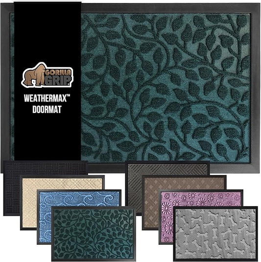 GORILLA GRIP 100% Waterproof All-Season WeatherMax Doormat 35x23, US Designed Natural Rubber, Stain and Fade Resistant, Low Profile Indoor Outdoor Door Mats, Easy Clean Patio Mat, Moss Vine Leaves