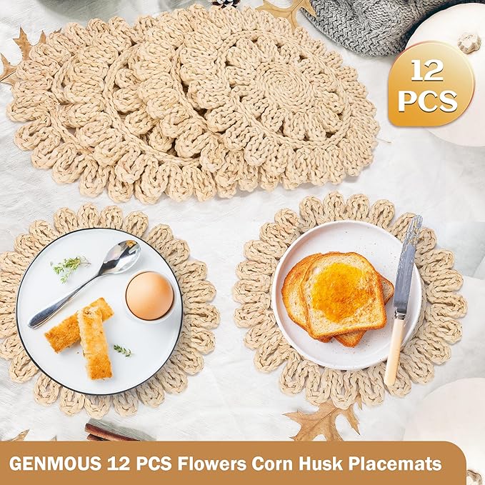 GENMOUS 13" Round Woven Placemats Set of 12, Corn Husk Natural Braided Table Place Mats, Boho Rattan Wicker Charger Plates for Home Farmhouse Wedding Thanksgiving Christmas Spring Holiday