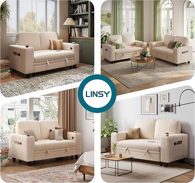 LINSY HOME Loveseat Sofa with Storage - Comfy Plush Corduroy 2 Seater Sofa with USB Charging & Cup Holders, Deep Seat Love Seat for Small Spaces Living Room Bedroom Apartment, Beige