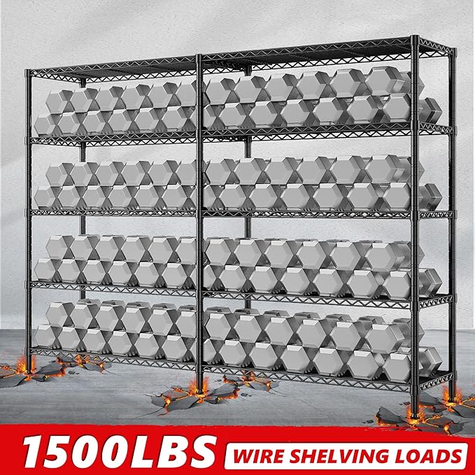 REIBII 1500LBS Storage Shelves Metal Shelving Unit 61.7''W Wire Shelving, 5 Tier Pantry Shelves Kitchen Shelves Adjustable Wire Shelf for Garage Shelving Heavy Duty, 61.7" W*72.4" H*15.8" D