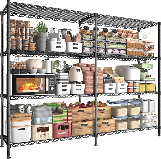 REIBII 61.7''W Storage Shelves Load 1220LBS Wire Shelving Unit 4 Tier Metal Shelving for Storage Rack Shelves Heavy Duty Garage Shelf Pantry Shelves Kitchen Shelving, 61.7" W*62.9" H*15.8" D, Black