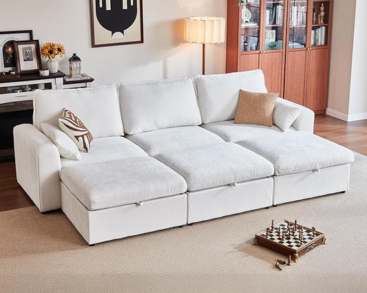 Oversized Modular Sofa Comfy Cloud Couch with Storage, Extra Deep Plush Sectional Sofa Set for Living Room, Covers Washable, Chenille, Olar (White, 6-Seater with 3 Ottomans, Sleeper)