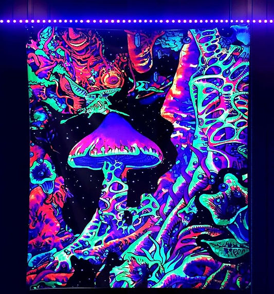 ADDWel Blacklight Mushroom Tapestry, Fantastic Upright Tapestry Glow In The Dark, UV Reactive Black Light Tapestries Posters Wall Hanging for Backdrop Bedroom Dorm Living Room Decor(50"x60")