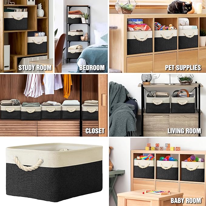 SIMPLE HOUSEWARE Large Fabric Storage Bin, 15.7" x 12" with Braided Handles, 3 Pack, Black