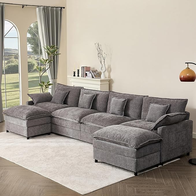 142.5" U Shaped Couch, Modular Sectional Sofa, 3-Seater Comfy Cloud Couch with Movable Ottoman, Deep Seat Couches for Living Room, Chenille, Slate