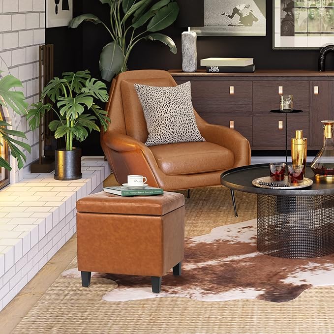 Adeco 17.7" Leather Cube Storage Orange Ottomans for Living Room