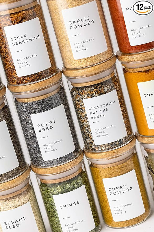 Empty Spice Jars with Label Pack (12x Bamboo Lid Glass Jar). Small 6oz Spice Storage Bottles with 112 Printed Stickers and 48 Writable Pantry Labels for Seasoning Containers
