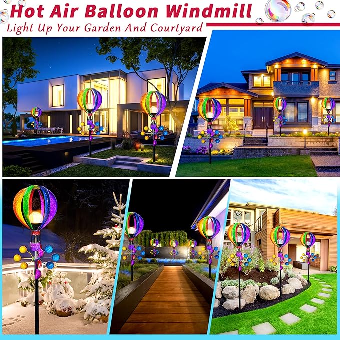Solar Wind Spinner Outdoor - Hot Air Balloon Wind Spinners, Metal Garden Decor with LED Lights, 360° Rotating Waterproof Yard Decorations, Solar Powered for Day & Night, Lawn & Patio Windmill