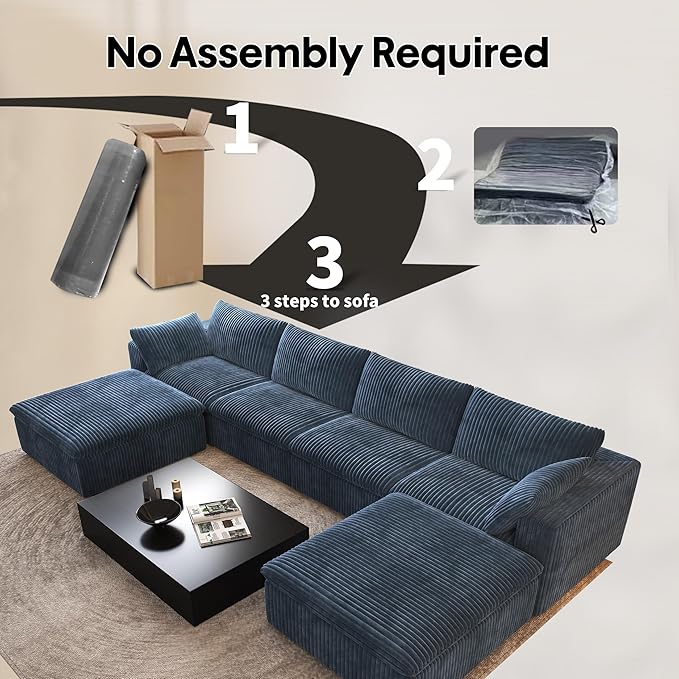 157.5" U Shaped Modern Sofa Modular Sectional Cloud Couch with 2 Ottoman,Deep Seat Upholstered Couches with Corduroy Fabric for Living Room Furniture,Bedroom and Apartment,No Assembly Required,Blue